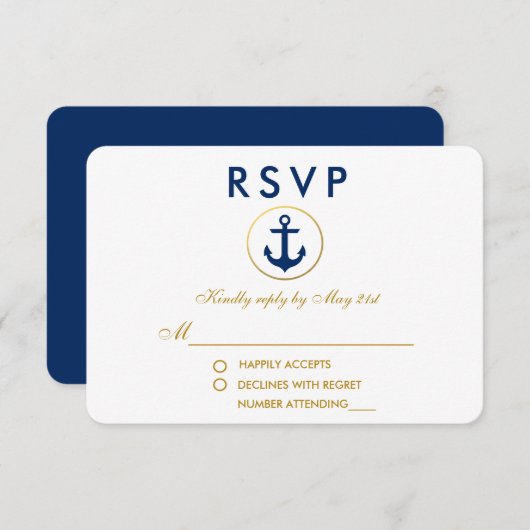 Nautical Wedding Blue Anchor Gold RSVP (Voorkant / Achterkant)