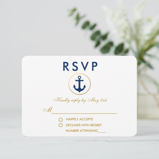 Nautical Wedding Blue Anchor Gold RSVP (Staand voorkant)