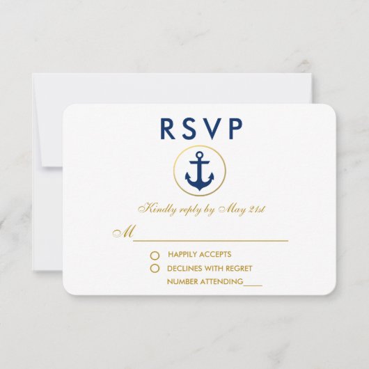 Nautical Wedding Blue Anchor Gold RSVP (Voorkant)