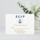 Nautical Wedding Blue Anchor Gold RSVP Kaartje (Staand voorkant)