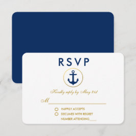 Nautical Wedding Blue Anchor Gold RSVP Kaartje
