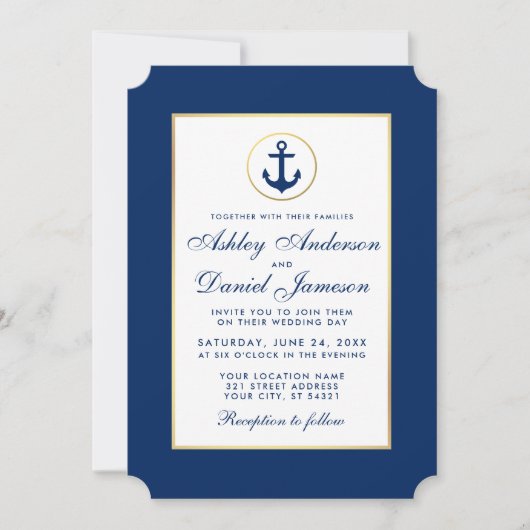 Nautical Wedding Blue Anchor Striped Uitnodiging (Voorkant)