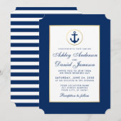 Nautical Wedding Blue Anchor Striped Uitnodiging (Voorkant / Achterkant)