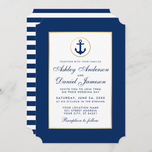 Nautical Wedding Blue Anchor Striped Uitnodiging (Voorkant / Achterkant)