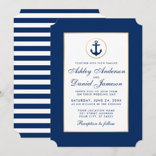 Nautical Wedding Blue Anchor Striped Uitnodiging