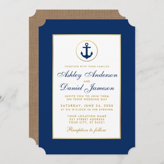 Nautical Wedding Blue and Gold Invitation B Kaart (Voorkant / Achterkant)