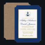 Nautical Wedding Blue and Gold Invitation B Kaart<br><div class="desc">Nautical Wedding Blue Anchor Gold Invitation - Ticket Style - Burlap Back</div>