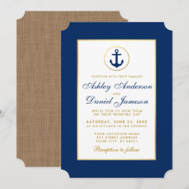 Nautical Wedding Blue and Gold Invitation B Kaart