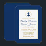Nautical Wedding Blue and Gold Invitation Kaart<br><div class="desc">Nautical Wedding Blue Anchor Gold Invitation - Ticket Style</div>