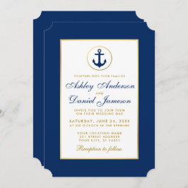 Nautical Wedding Blue and Gold Invitation Kaart