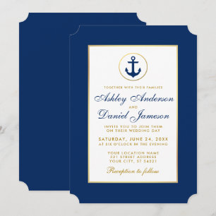 Nautical Wedding Blue and Gold Invitation Kaart