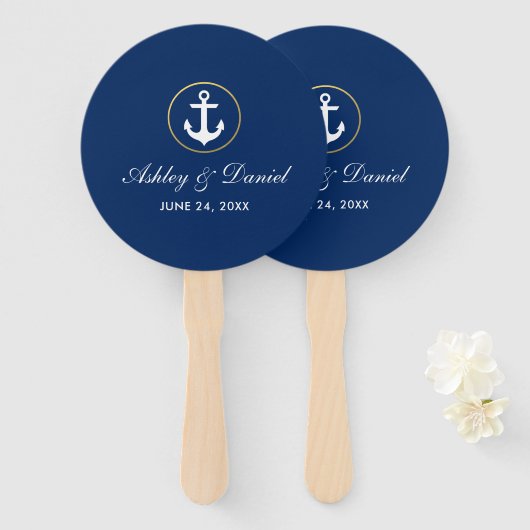 Nautical Wedding Blue and Gold Round Handwaaier (Voorkant en achterkant)