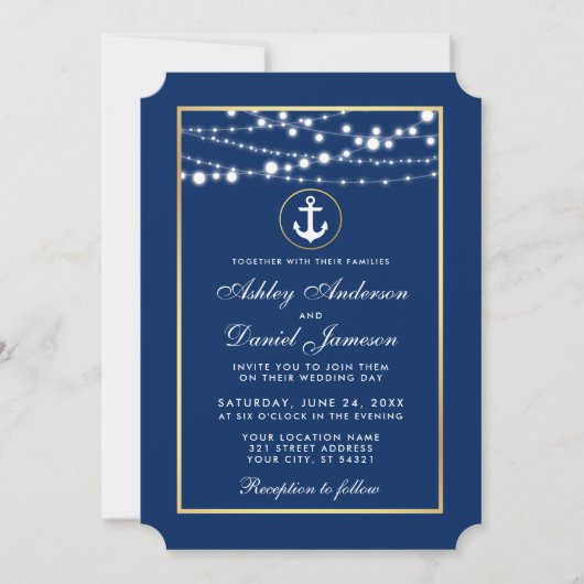 Nautical Wedding Blue Gold String Lights Kaart (Voorkant)