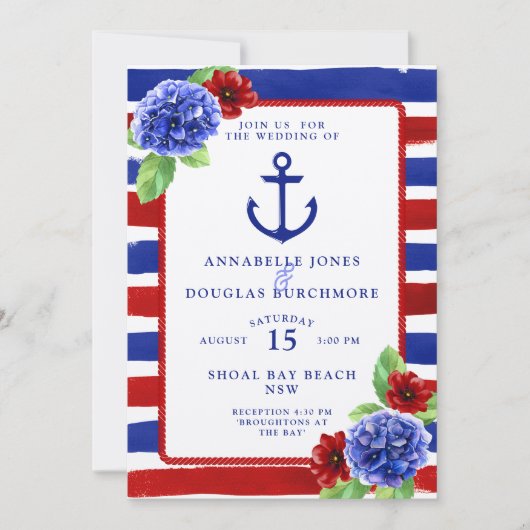 Nautical Wedding Blue Red Floral Waterverf Kaart (Voorkant)