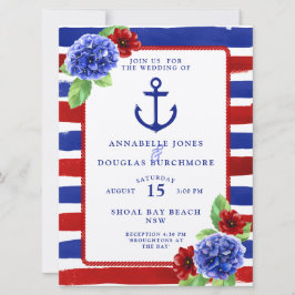 Nautical Wedding Blue Red Floral Waterverf Kaart