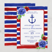 Nautical Wedding Blue Red Floral Waterverf Kaart (Voorkant / Achterkant)