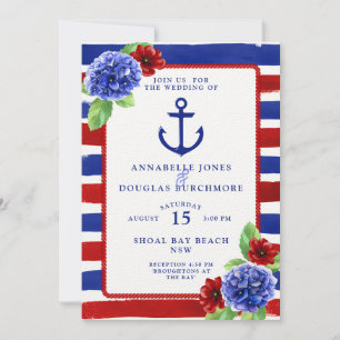 Nautical Wedding Blue Red Floral Waterverf Kaart