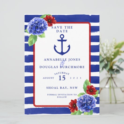 Nautical Wedding Blue Red Hydrangea slaat de datum Save The Date (Staand voorkant)