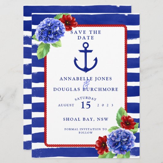 Nautical Wedding Blue Red Hydrangea slaat de datum Save The Date (Voorkant / Achterkant)