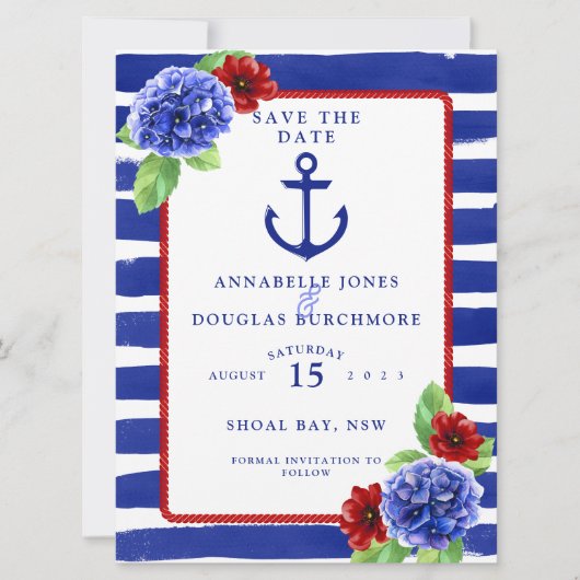 Nautical Wedding Blue Red Hydrangea slaat de datum Save The Date (Voorkant)