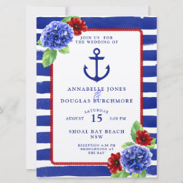 Nautical Wedding Blue Red Hydrangea Waterverf Kaart