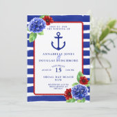 Nautical Wedding Blue Red Hydrangea Waterverf Kaart (Staand voorkant)