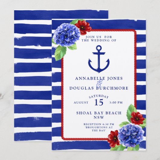 Nautical Wedding Blue Red Hydrangea Waterverf Kaart (Voorkant / Achterkant)