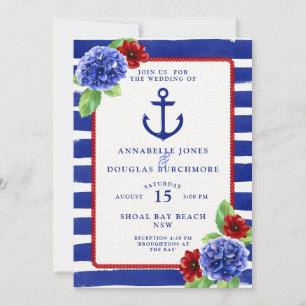 Nautical Wedding Blue Red Hydrangea Waterverf Kaart