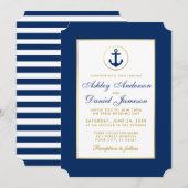 Nautical Wedding Blue Striped Gold Uitnodiging (Voorkant / Achterkant)