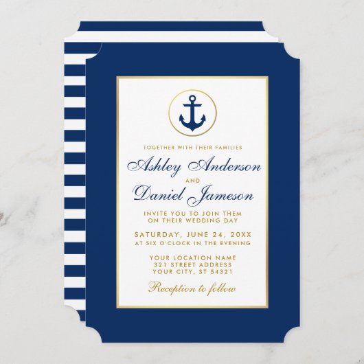 Nautical Wedding Blue Striped Gold Uitnodiging (Voorkant / Achterkant)
