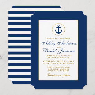 Nautical Wedding Blue Striped Gold Uitnodiging