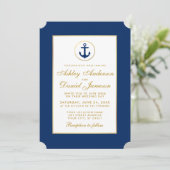 Nautical Wedding Blue Striped Gold Uitnodiging G (Staand voorkant)