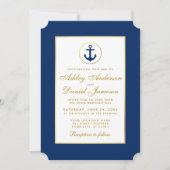Nautical Wedding Blue Striped Gold Uitnodiging G (Voorkant)