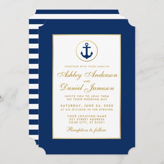 Nautical Wedding Blue Striped Gold Uitnodiging G (Voorkant / Achterkant)