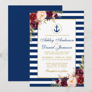 Nautical Wedding Blue Stripes Burgundy Invite B Kaart