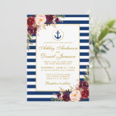 Nautical Wedding Blue Stripes Burgundy Invite GB Kaart (Staand voorkant)