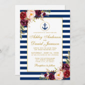 Nautical Wedding Blue Stripes Burgundy Invite GW Kaart (Voorkant / Achterkant)