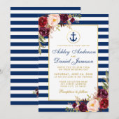 Nautical Wedding Blue Stripes Burgundy Invite Kaart (Voorkant / Achterkant)