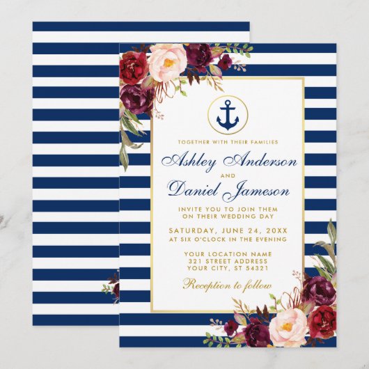 Nautical Wedding Blue Stripes Burgundy Invite Kaart (Voorkant / Achterkant)