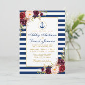Nautical Wedding Blue Stripes Burgundy Invite W Kaart (Staand voorkant)