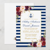 Nautical Wedding Blue Stripes Burgundy Invite W Kaart (Voorkant / Achterkant)