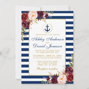 Nautical Wedding Blue Stripes Burgundy Invite W Kaart