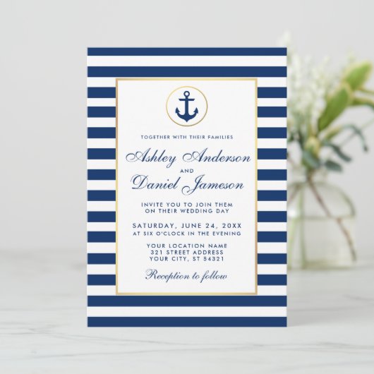 Nautical Wedding Blue Stripes Burlap Invite Kaart (Staand voorkant)