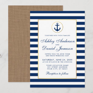 Nautical Wedding Blue Stripes Burlap Invite Kaart