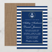 Nautical Wedding Blue Stripes Burlap Invite Kaart (Voorkant / Achterkant)