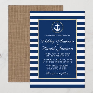 Nautical Wedding Blue Stripes Burlap Invite Kaart