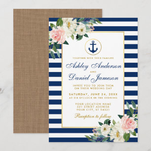 Nautical Wedding Blue Stripes Floral Burlap Kaart