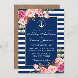 Nautical Wedding Blue Stripes Floral Pink Invite B Kaart