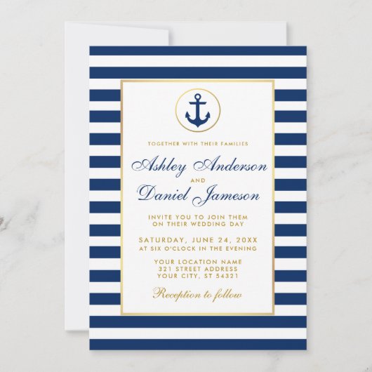 Nautical Wedding Blue Stripes Gold Burlap Invite Kaart (Voorkant)