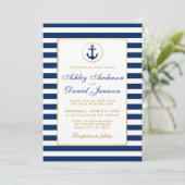 Nautical Wedding Blue Stripes Gold Burlap Invite Kaart (Staand voorkant)